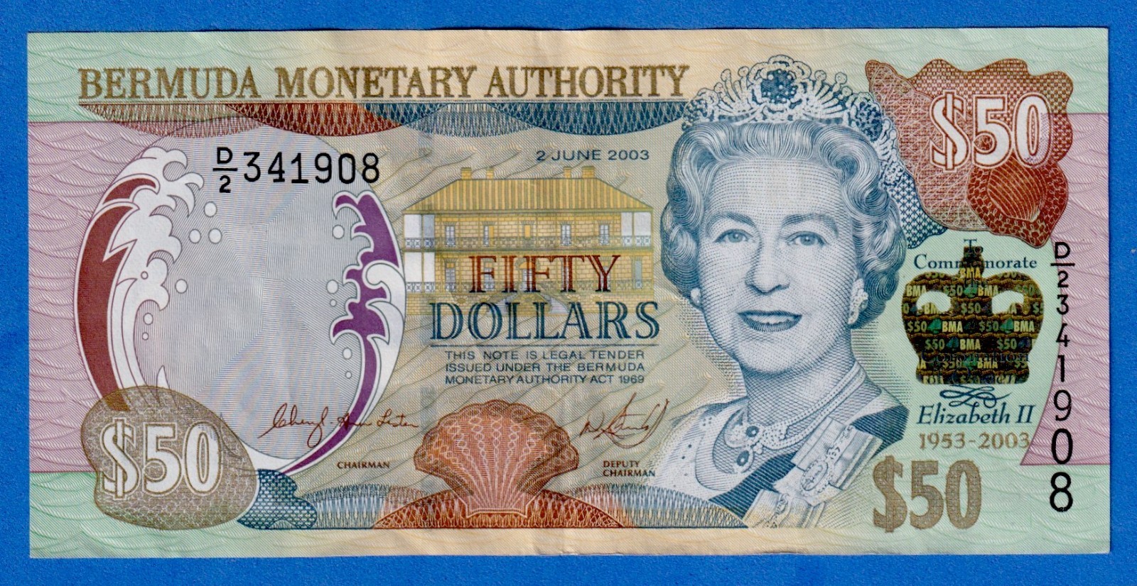 Bermuda $50 2003 P-56  QE II Commemorative Circulated Note - D/2 341908 RARE