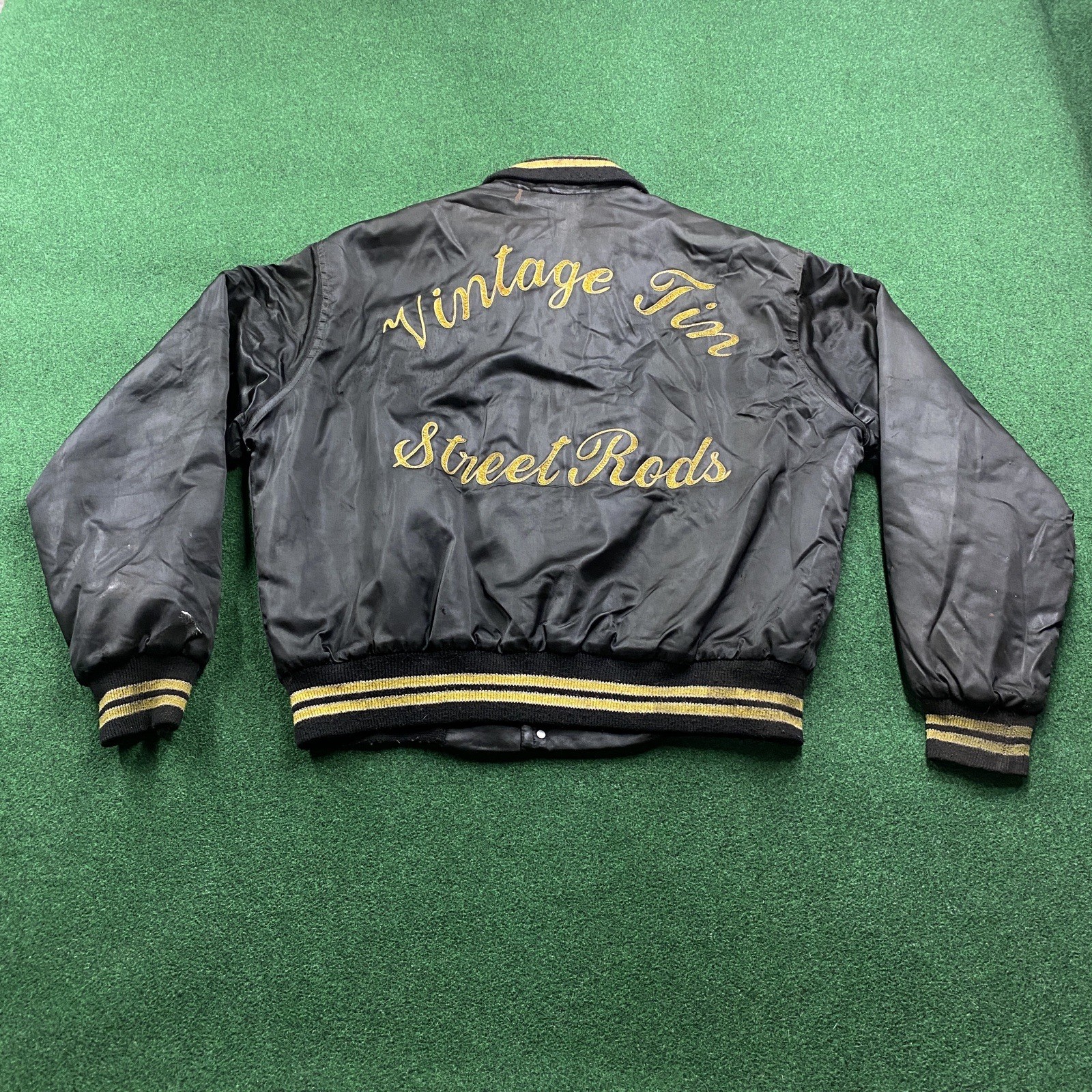 Vintage 60S Chain Stitch Car Club Satin Jacket Mens XL Black 70S Bomber Coat USA