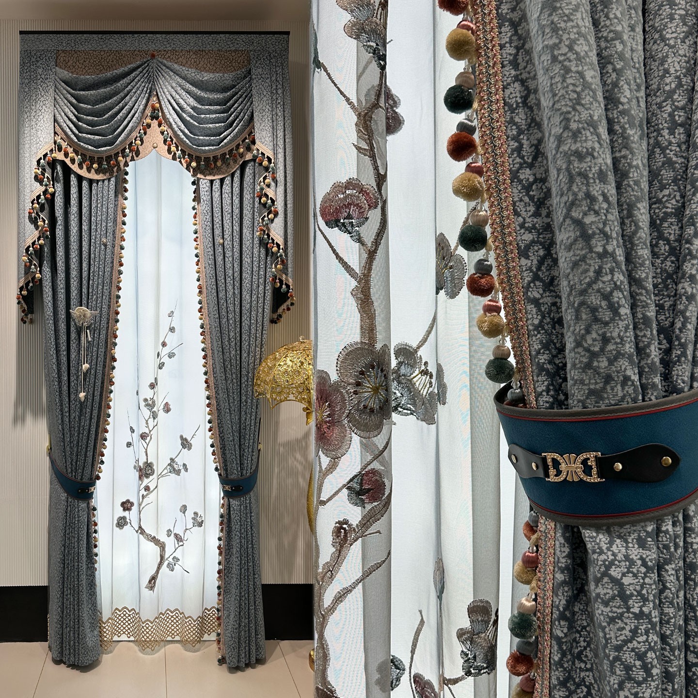 Custom Retro Rural French embroidered gray cloth curtain valance tulle M1743