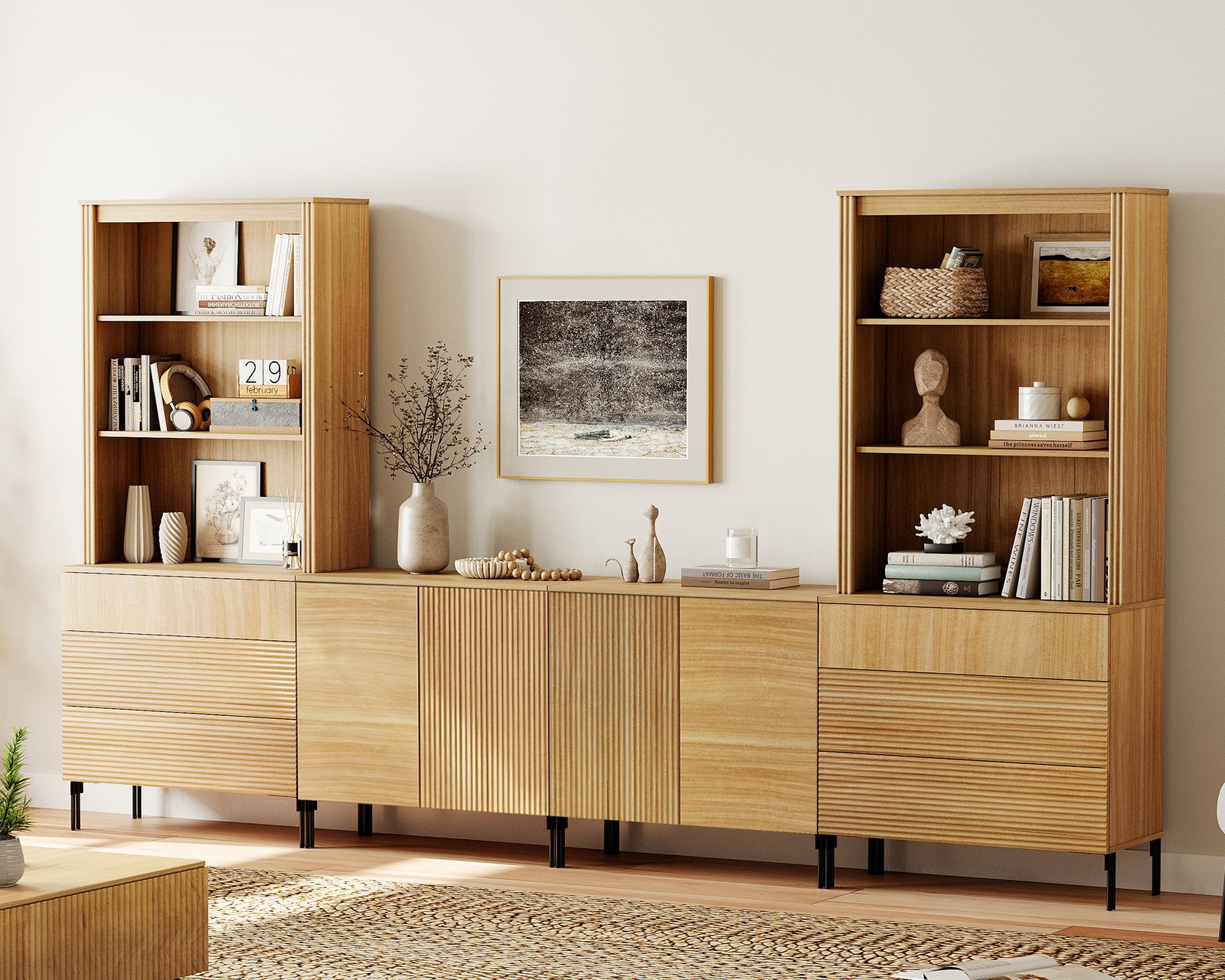 Bookcase Mid-Century Brown Wood Fluted Wave Bedroom Bookshelf Storage Furniture