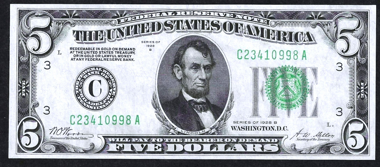 1928-B $5 PHILADELPHIA ~ PAYABLE IN GOLD ~ GEM CRISP UNCIRCULATED A LOVELY NOTE