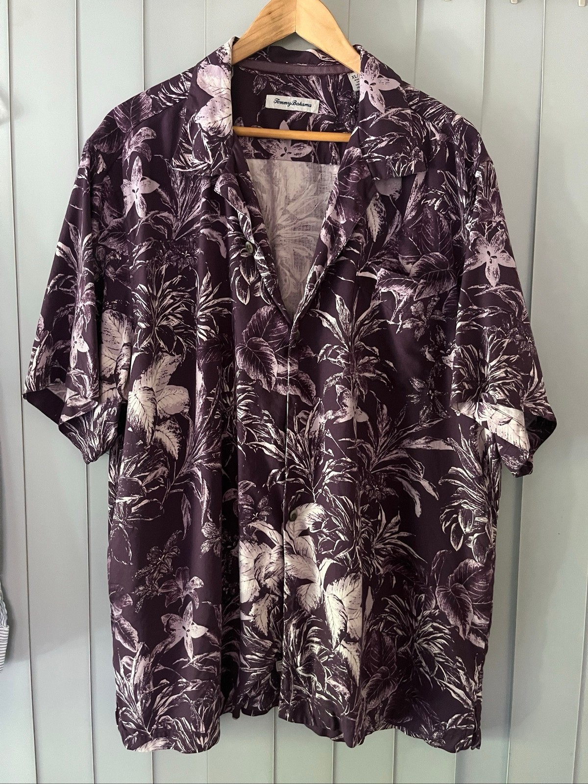 Tommy Bahama Men’s XL 100% Silk Hawaiian Floral Button-Up Shirt – Purple