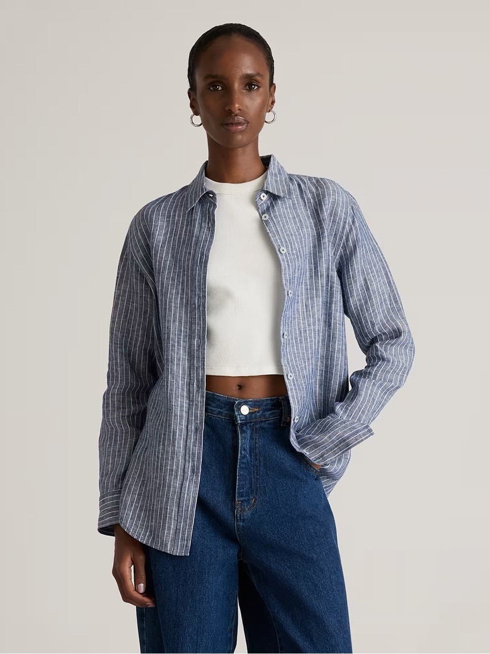 Quince 100% European Linen Long Sleeve Shirtin Chambray Stripe Size Large