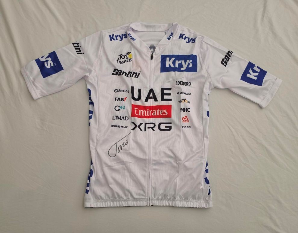 Isaac Del Toro signed 2026 Tour de France white cycling jersey UAE team