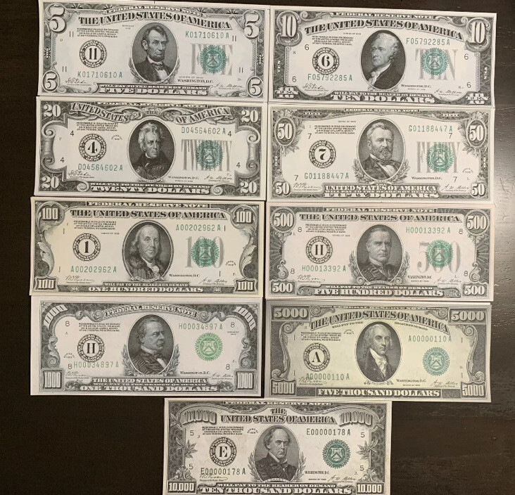 Reproduction 1928 Federal Reserve Note Set $5 -$10,000 Read Description Below