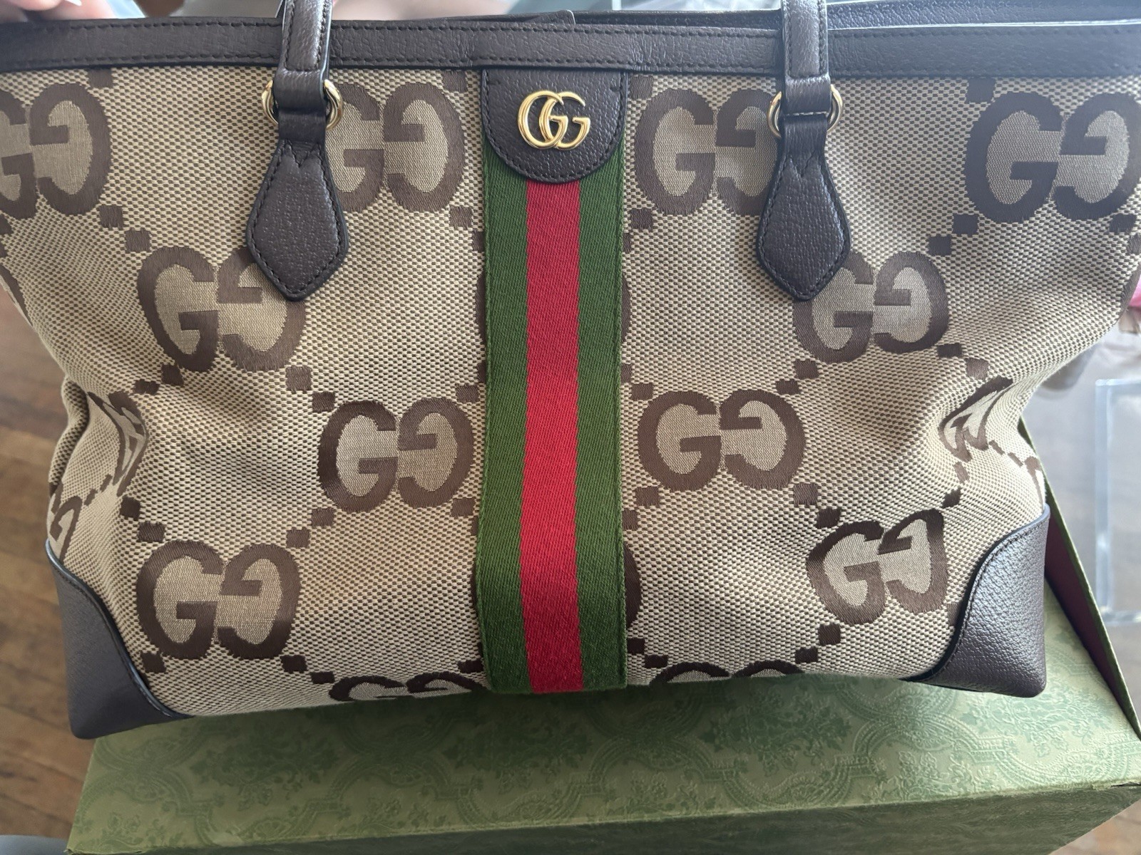 GUCCI Ophidia Jumbo GG Medium Tote Bag in Camel & Ebony Canvas Leather 