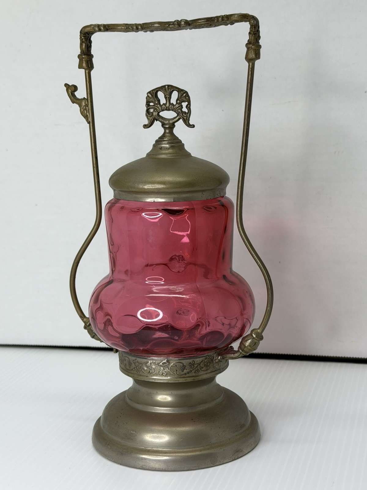 Antique Cranberry Glass CoinSpot Pattern Pickle Jar Castor with Lid Unmarked