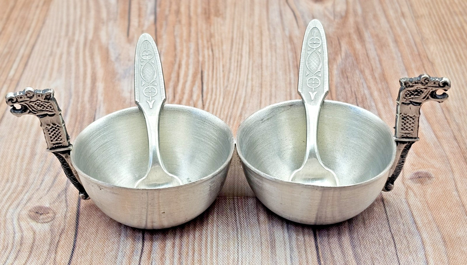 Arne Haugrud Double Open Salt Cellar Pewter Viking Dragon Ship w/ Spoons Vintage Arne Haugrud Double Open Salt Cellar Pewter Viking Dragon Ship w/ Spoons Vintage