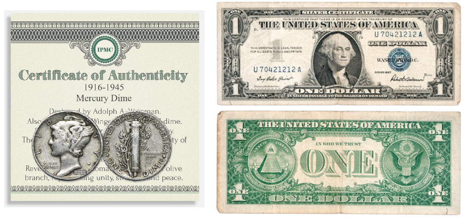 1916-1945 MERCURY SILVER DIME W COA & 1957 $1 Dollar Bill Silver Certificate USA