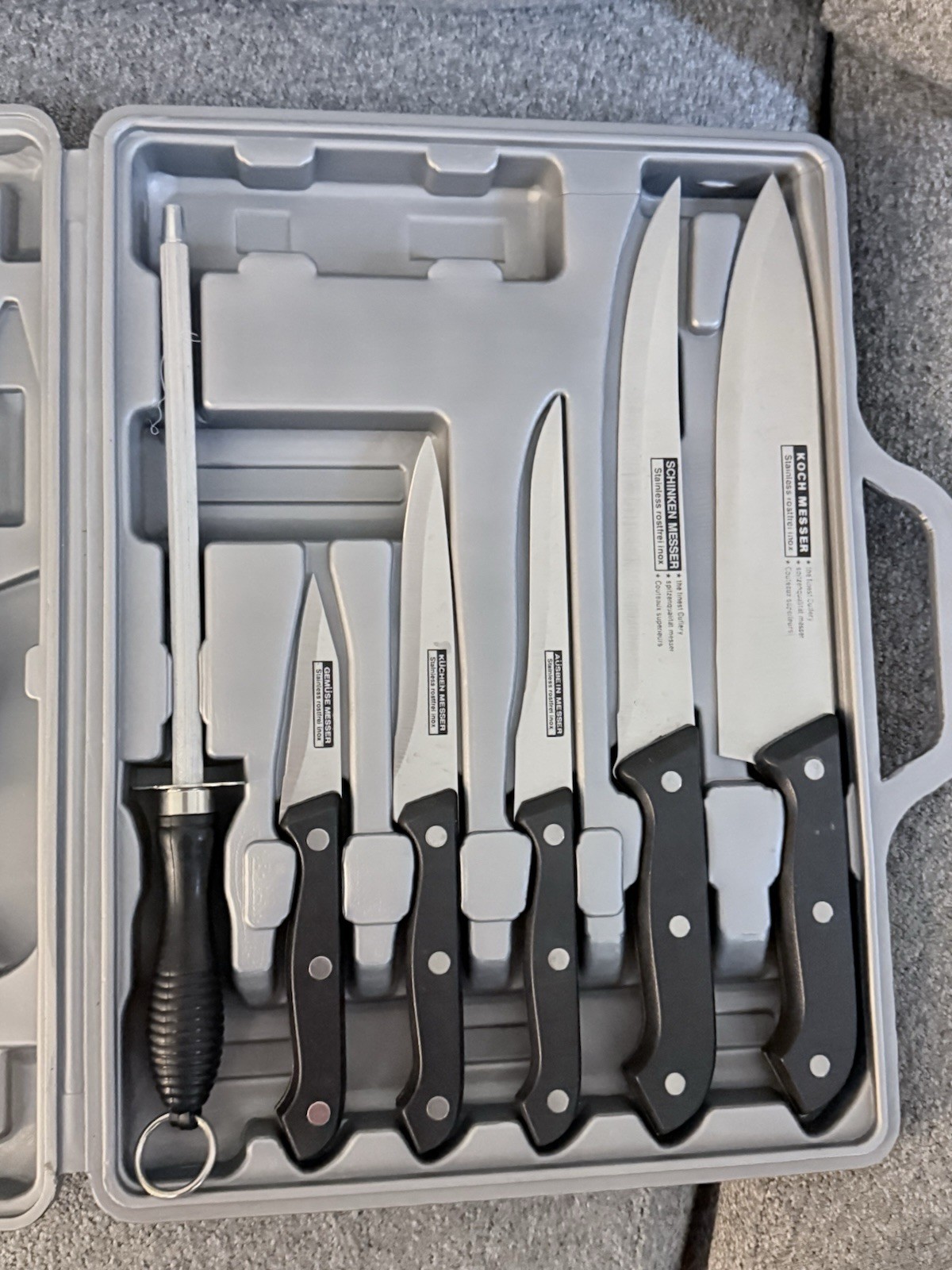 Vintage Koch Messer German Stainless Steel 5 Knife Set Honing Rod Case Board