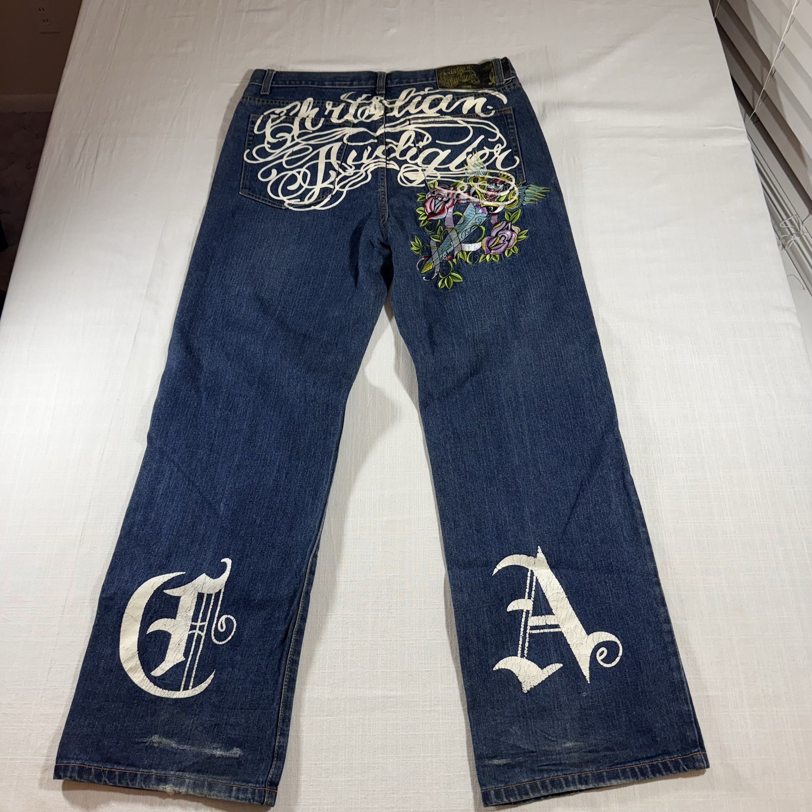 Vintage Y2K Christian Audigier Men\'s Dark Blue Knife Embroidered Jeans Sz 38x34