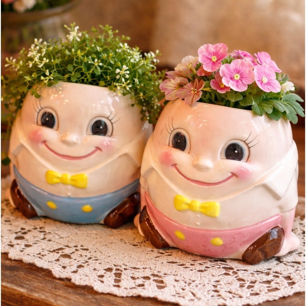 Vintage Humpty Dumpty Ceramic Planters Set of 2 Pink Blue Nursery Rhyme Kitsch