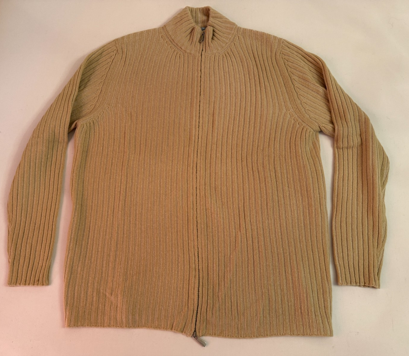 Malo 100% Cashmere Light Gold Cable Knit Full Zip Turtleneck Sweater SZ 56/XXL