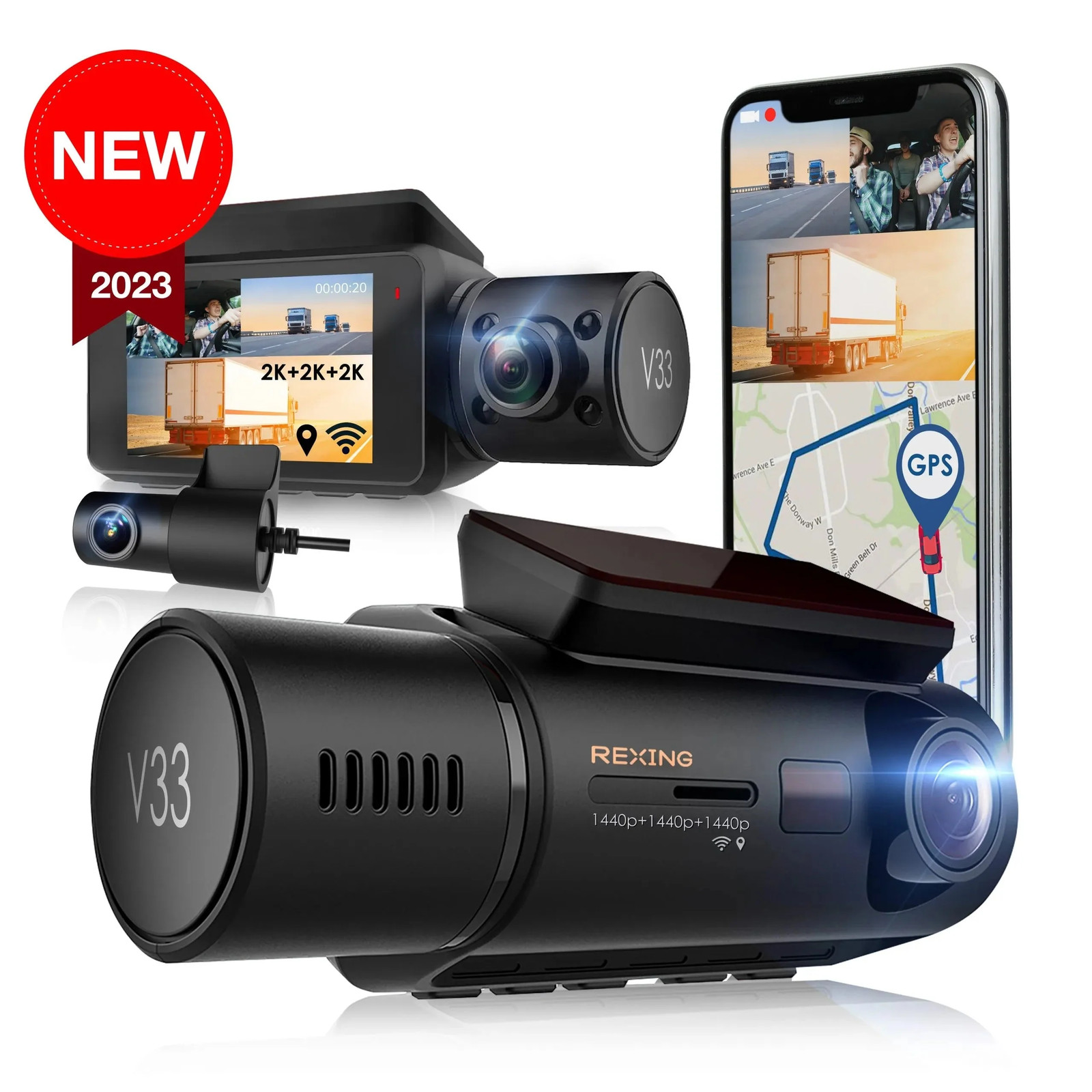 Rexing V33 3-Channel Dash Cam | 2K Front, Cabin & Rear, GPS, Wi-Fi, and 64GB SD