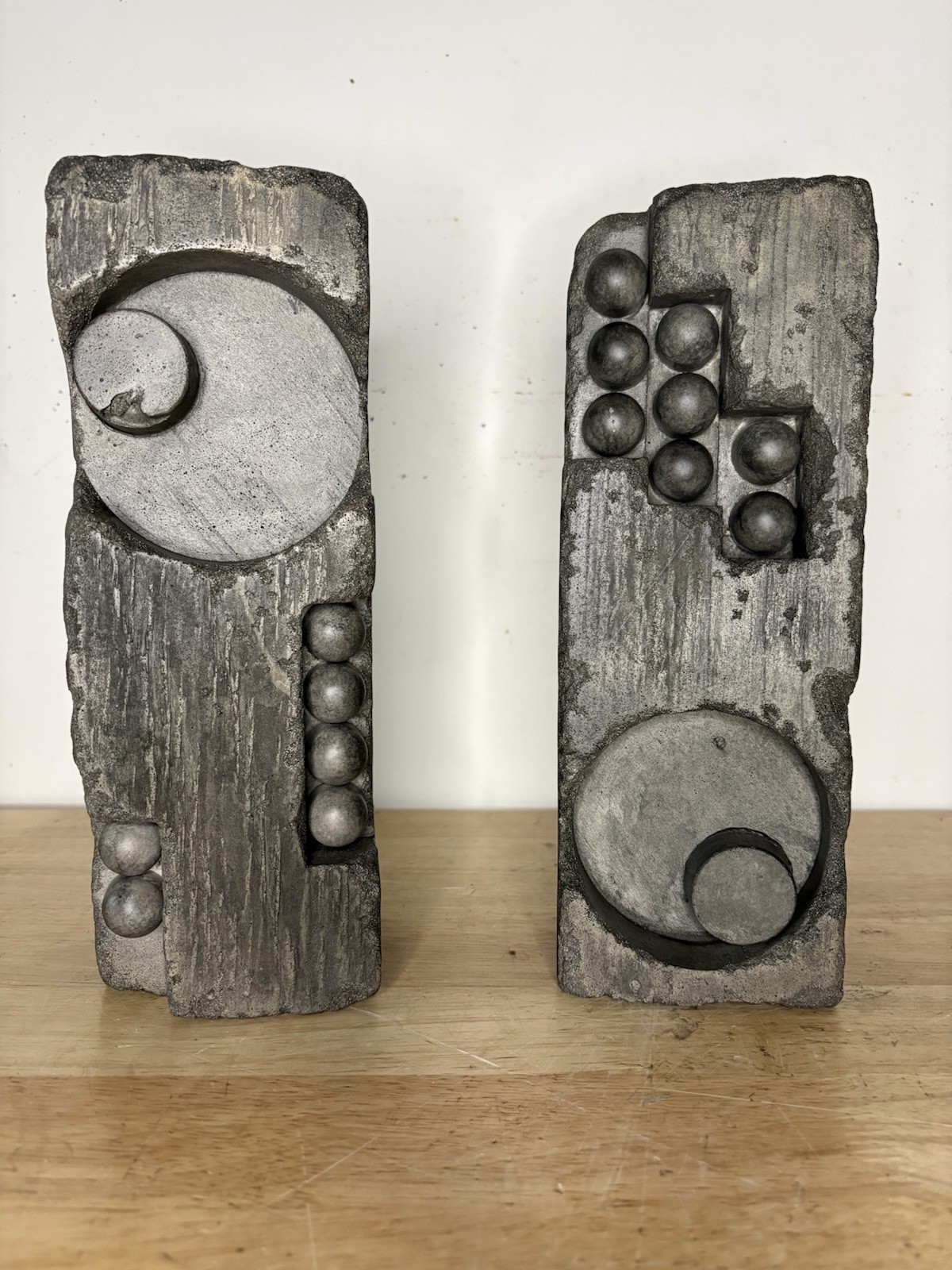 Pair of Brutalist Concrete Tower Sculptures Abstract Art Mid Century Modern