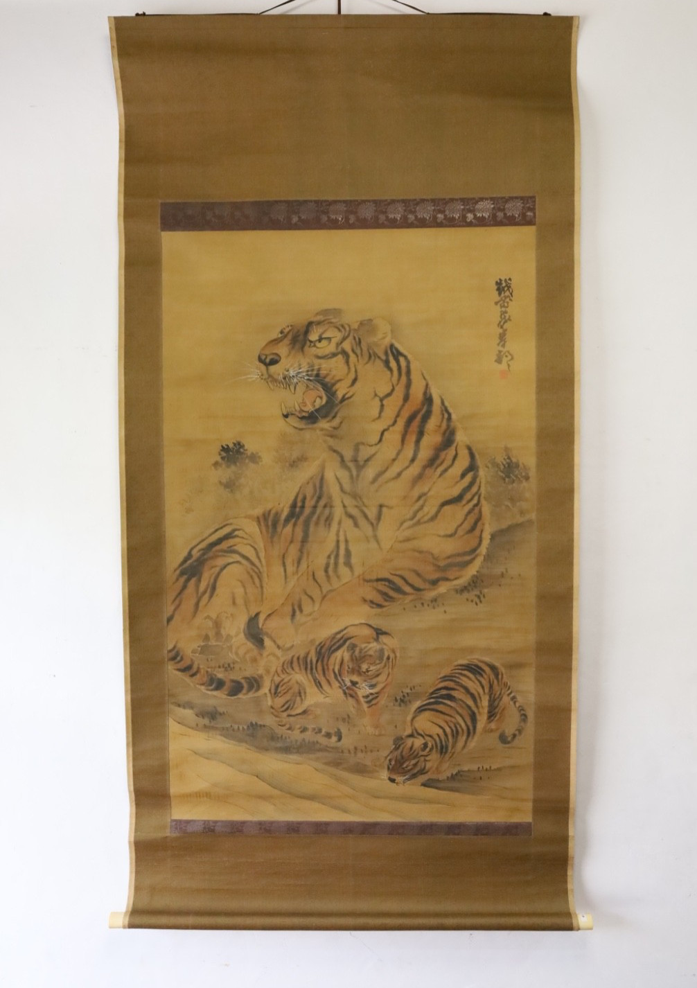 Superb  massive signed scroll painting depicting Tiger.  19th century ZS