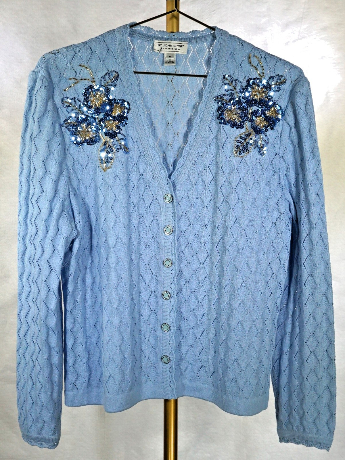 ST JOHN  WOMEN KNIT  BUTTON JACKET LIGHT BLUE HONEYCOMB SZ M