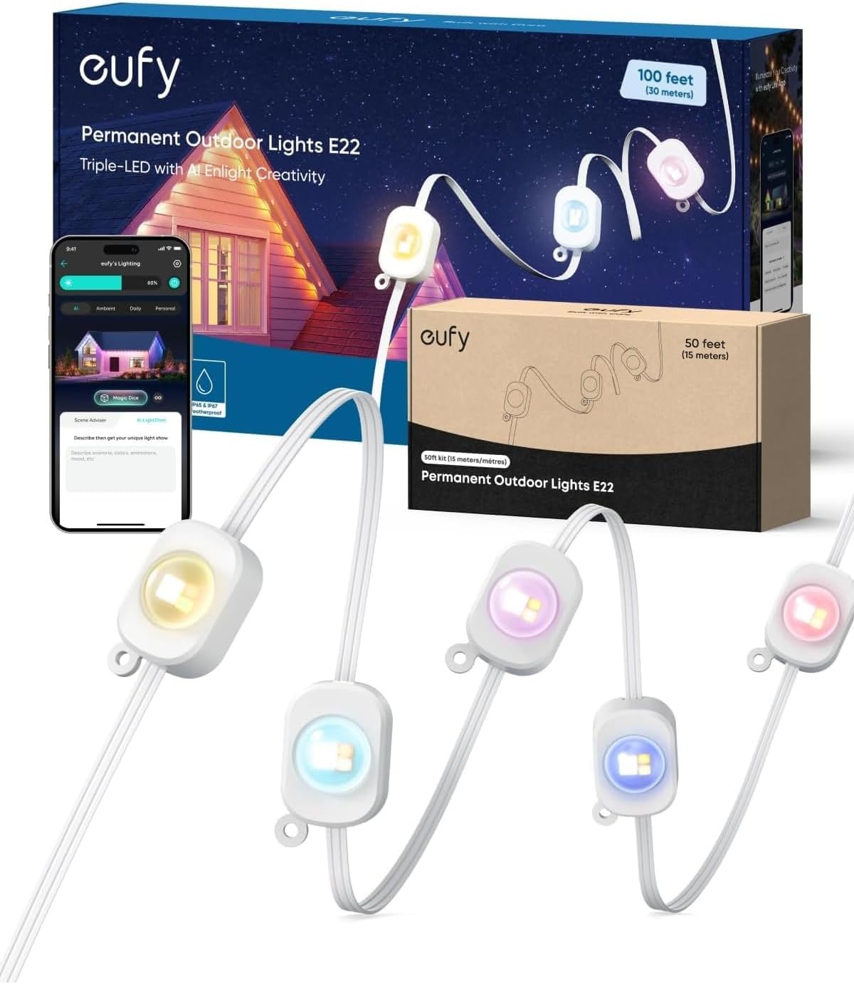 eufy Permanent Outdoor Lights E22 150ft 90 Triple-LED Lights Smart Light Strips eufy Permanent Outdoor Lights E22 150ft 90 Triple-LED Lights Smart Light Strips