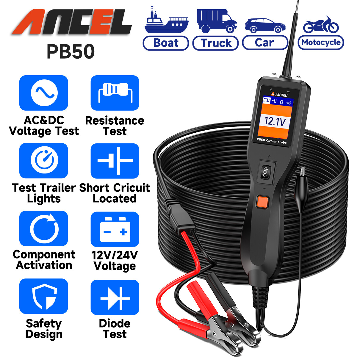 ANCEL PB600 PowerScan Circuit Tester Electrical Probe Diagnostic Power 12V/24V