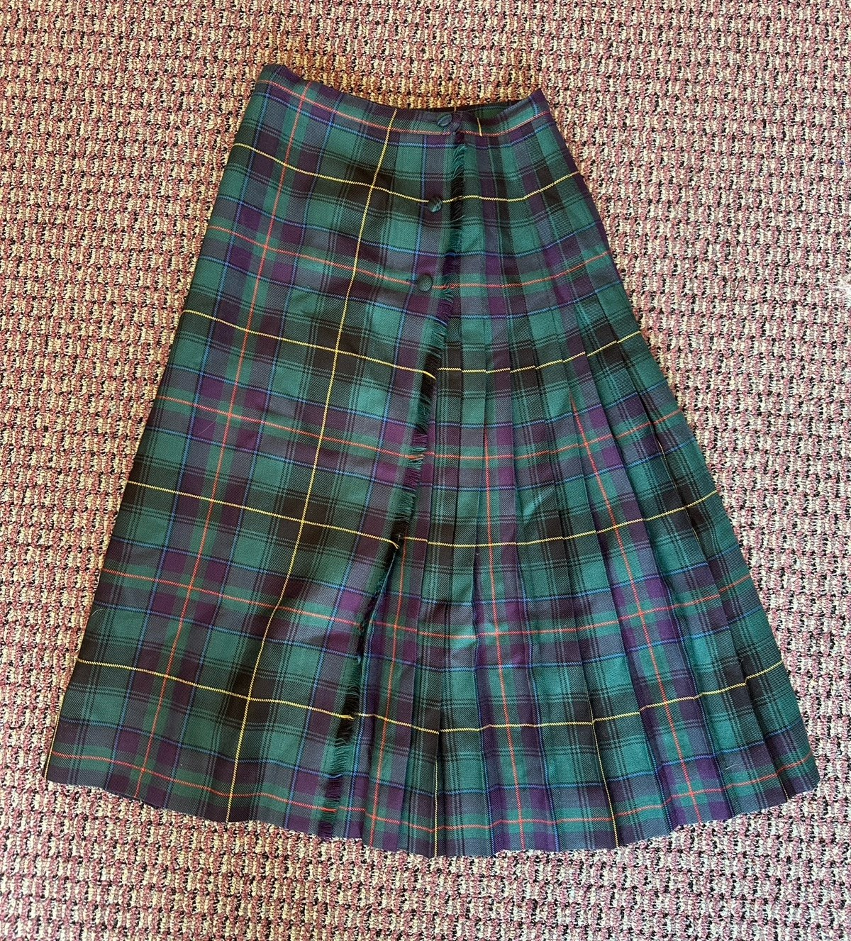 Vintage 60s 70s Tartan Plaid Wool Skirt Green Fringed Scottish Shop Pleated XS