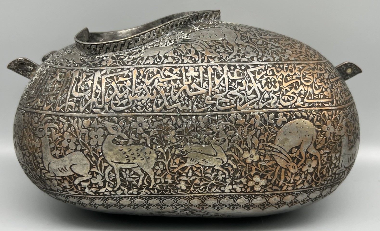 Qajar Tinned Copper Monumental Rare Sufi Bowl Fine Calligraphy Kashkul  Bowl