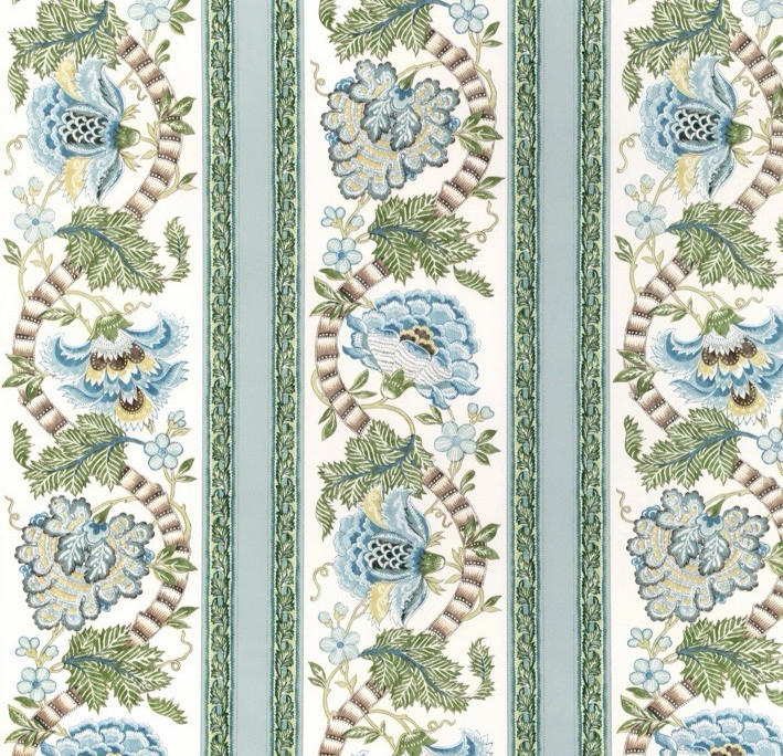 BRUNSCHWIG & FILS FABRIC \'LAURIS  PRINT - AQUA/LEAF\' 5.4 METRES  100% Cotton