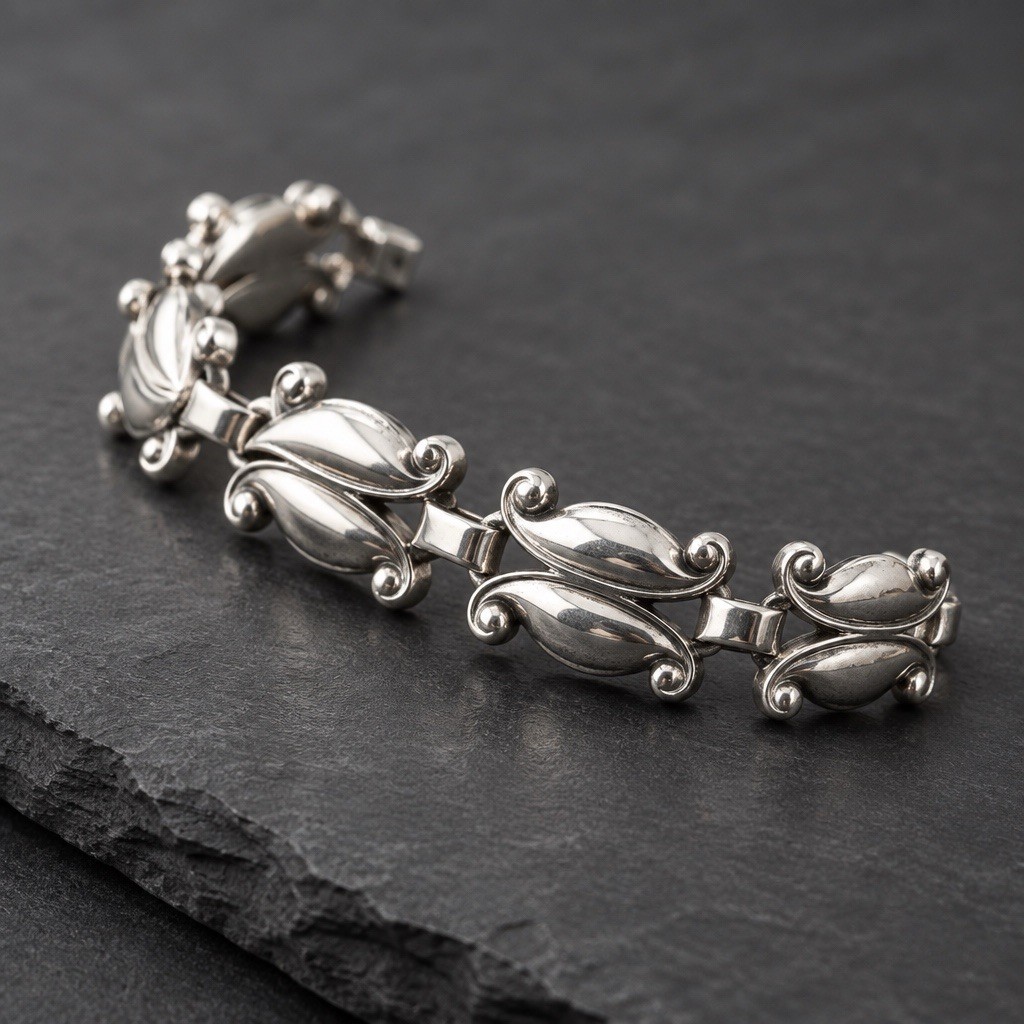 Danecraft Signed Sterling Silver Leaf Link Bracelet Vintage Mid-Century