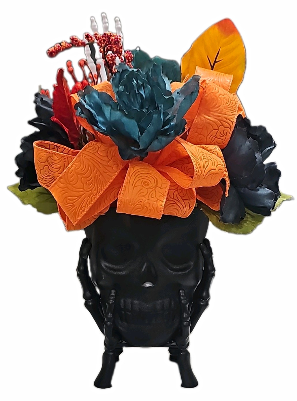 Halloween Artificial Hydrangea Flower Arrangement Black Skull Vase Orange Ribbon