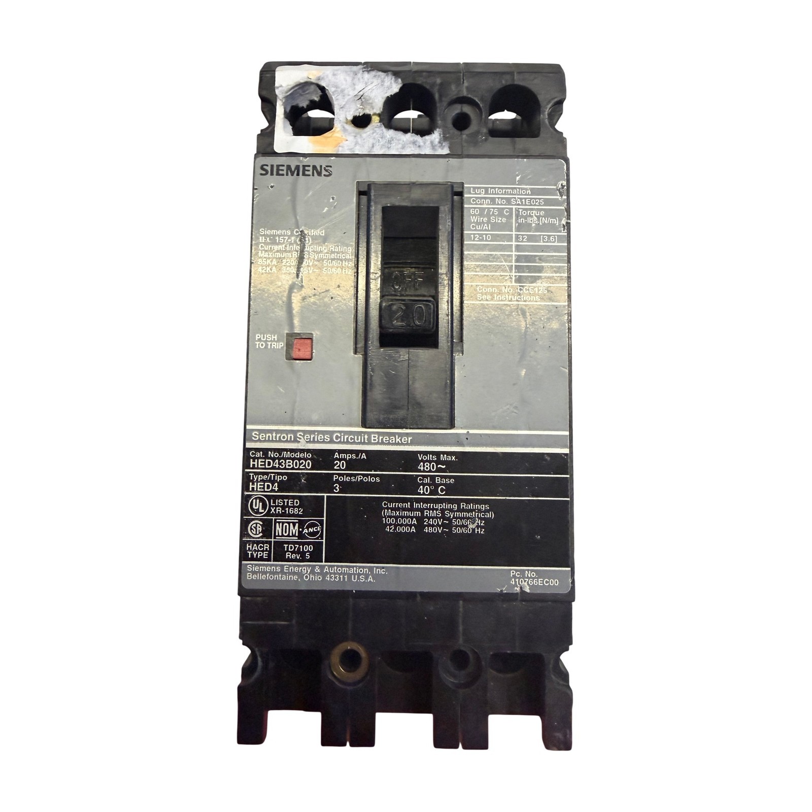 Siemens HED43B020 20A 3-Pole 480V Sentron Series Circuit Breaker HED4
