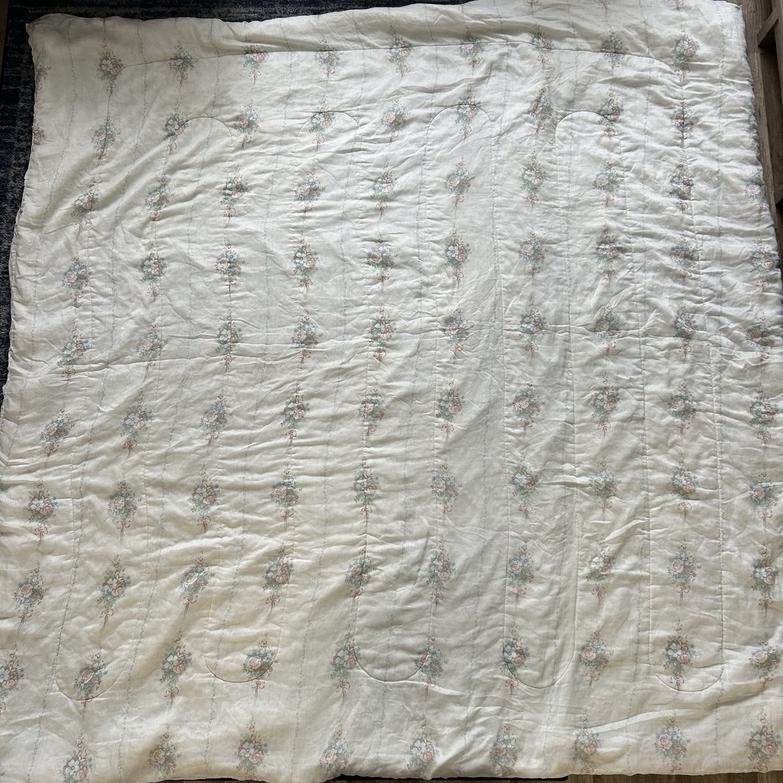 Vintage Laura Ashley Twin Comforter Pink Rose Floral Reversible Striped Cottage