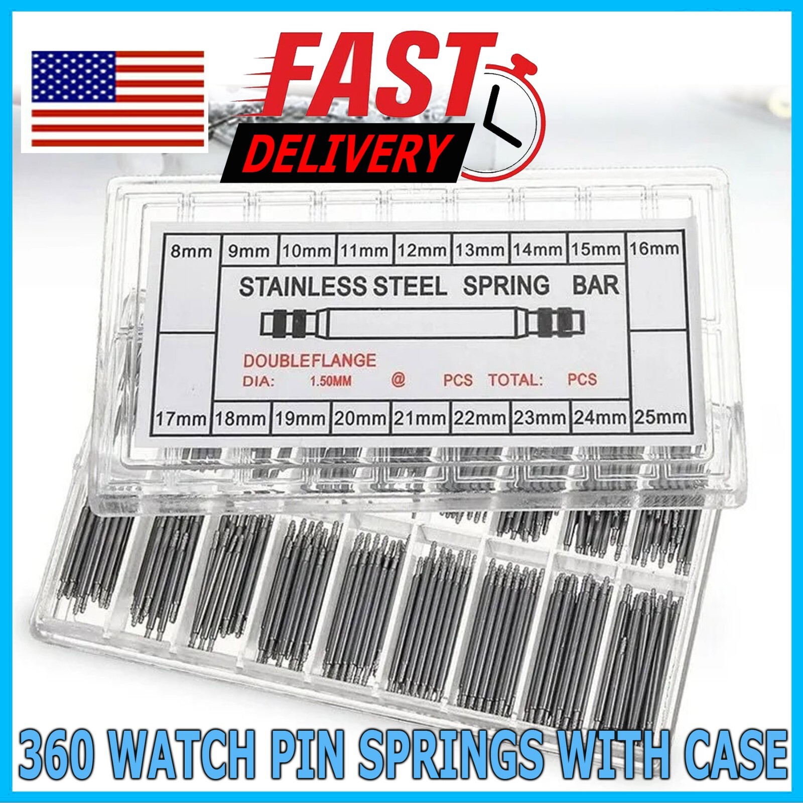 360 pc Watch PINS SPRING BARS Band Strap Link 8-25mm Repair Kit Stainless Steel