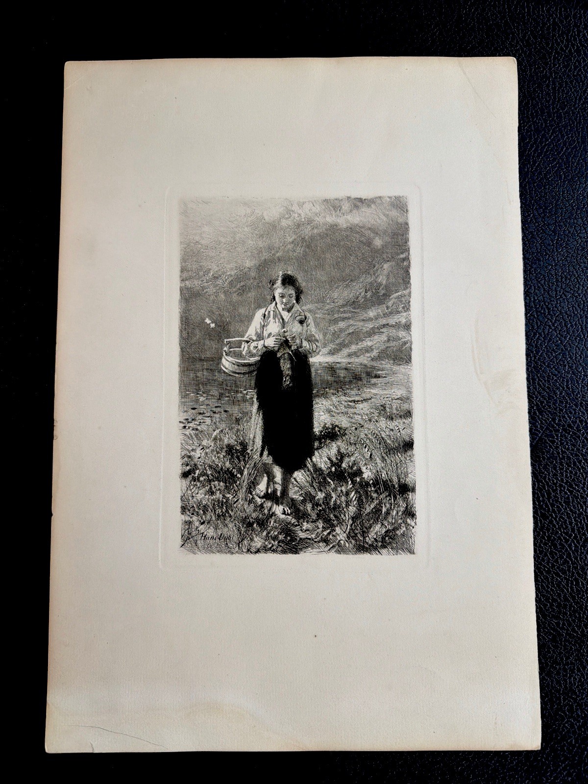 Vtg Hans Dahl Antique Etching Print Girl Knitting Norwegian Fjord 11x16