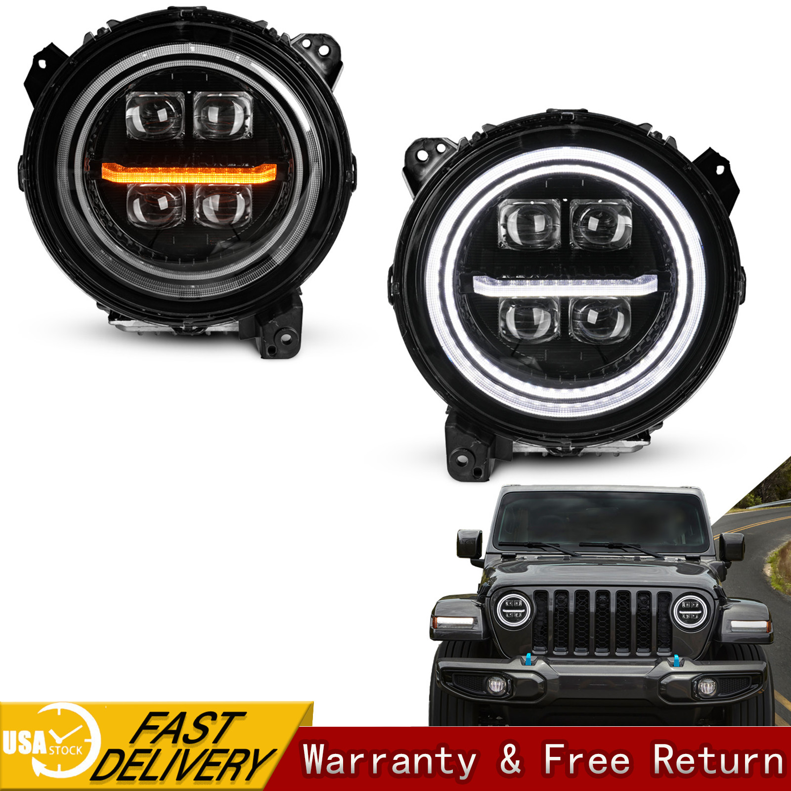 Pair White/Amber DRL LED Headlight For 2020-2025 Gladiator JT Animation Headlamp