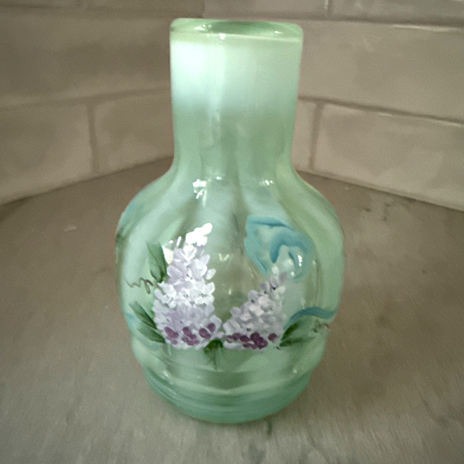 Vintage Fenton Art Glass Rib Optic Vase Seaform Green C. Smith  Opalescent Lilac