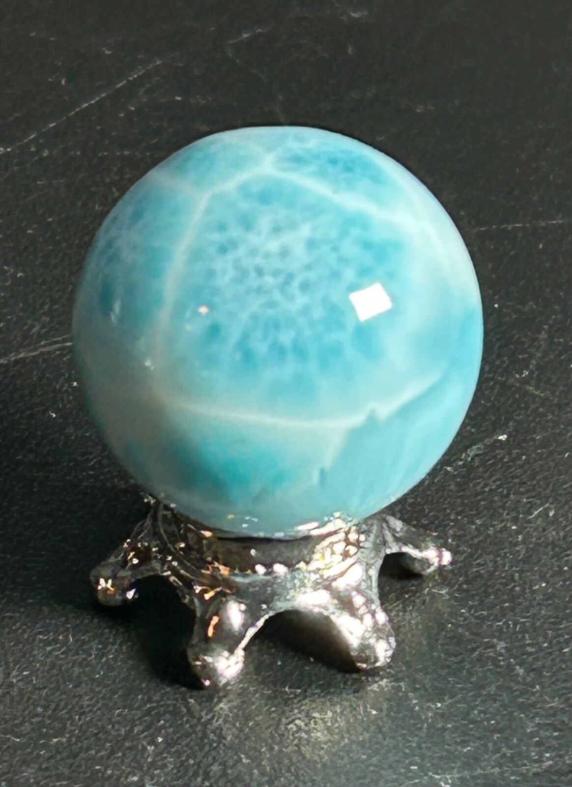 SALE Beautiful Caribbean Larimar Sphere With Metal Stand 0.72 inches 12 grams
