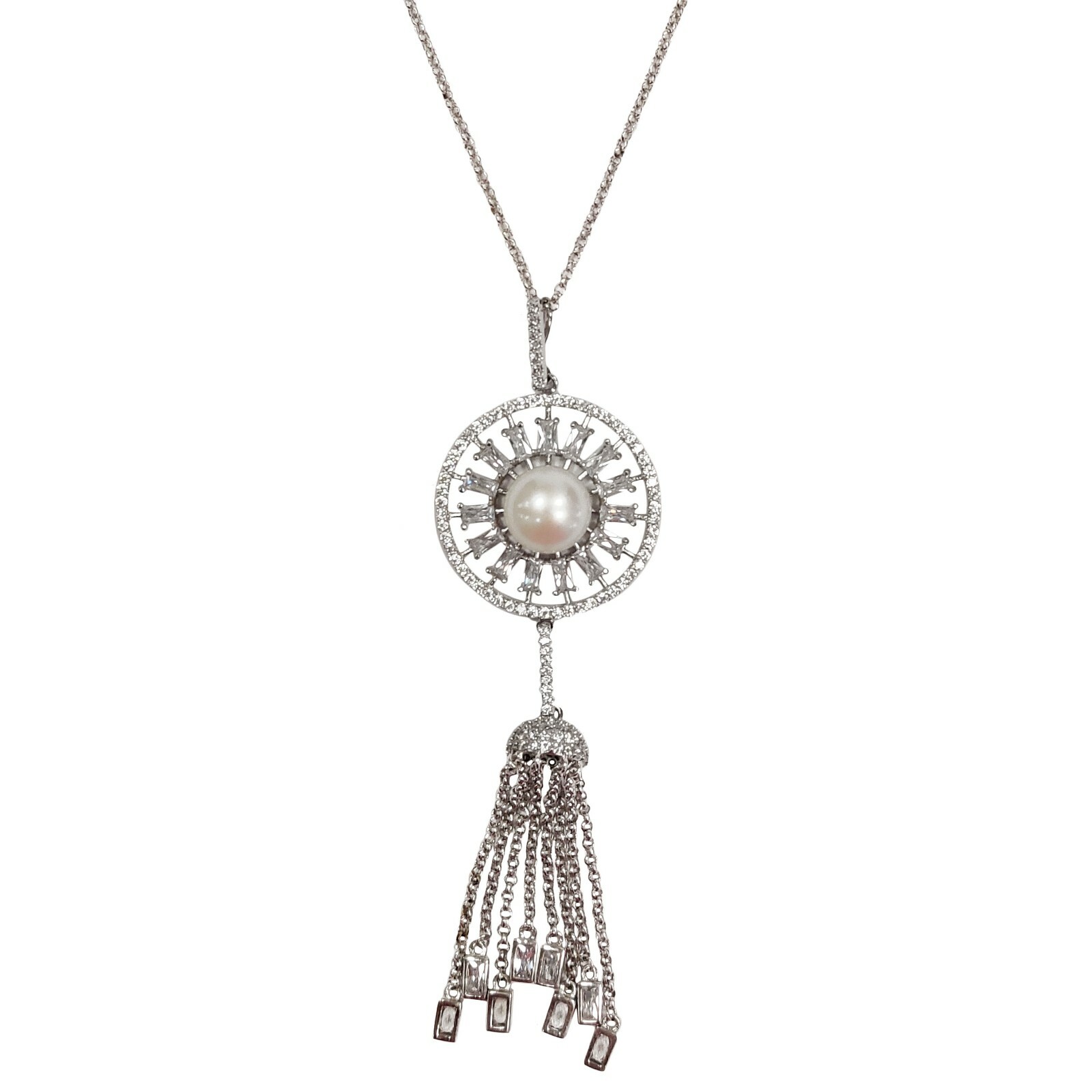 TIGERSTARS VINTAGE PEARLY CZ STARBURST TASSELS WHITE-GOLD PLATED NECKLACE