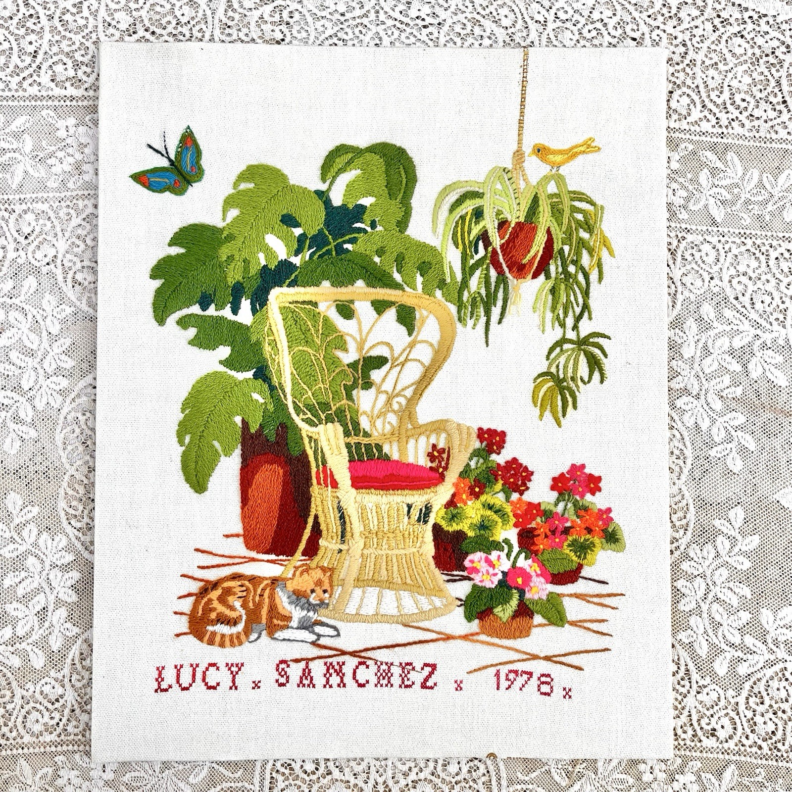 Vtg Sunset Designs Finished Crewel SOLARIUM GARDEN Plants Flowers Peacock Chair