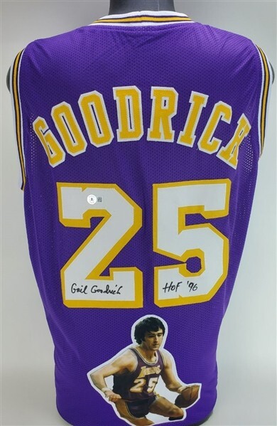 Gail Goodrich Signed Los Angeles Laker Photo Jersey (Beckett) 1972 NBA Champion Gail Goodrich Signed Los Angeles Laker Photo Jersey (Beckett) 1972 NBA Champion