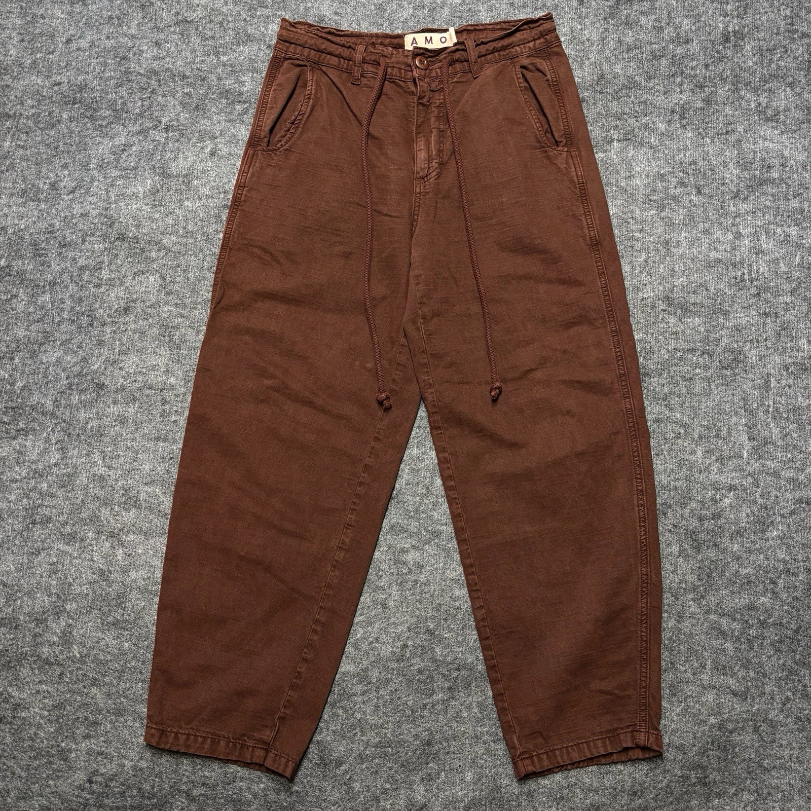 AMO Elaine Vintage Burgundy Cotton Pants Drawstring Barrel Leg  25