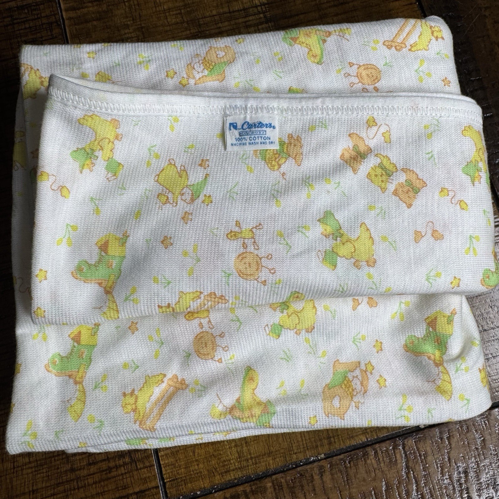 Vintage Carter's Baby Receiving Blanket White Yellow Green Nursery Rhymes USA