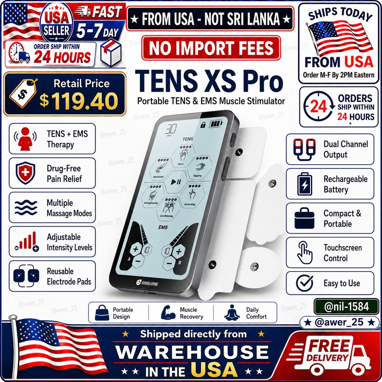0xiline TENS XS Pro TENS EMS Unit Dual Channel Touchscreen 24 Modes 🚚From uSA🚚