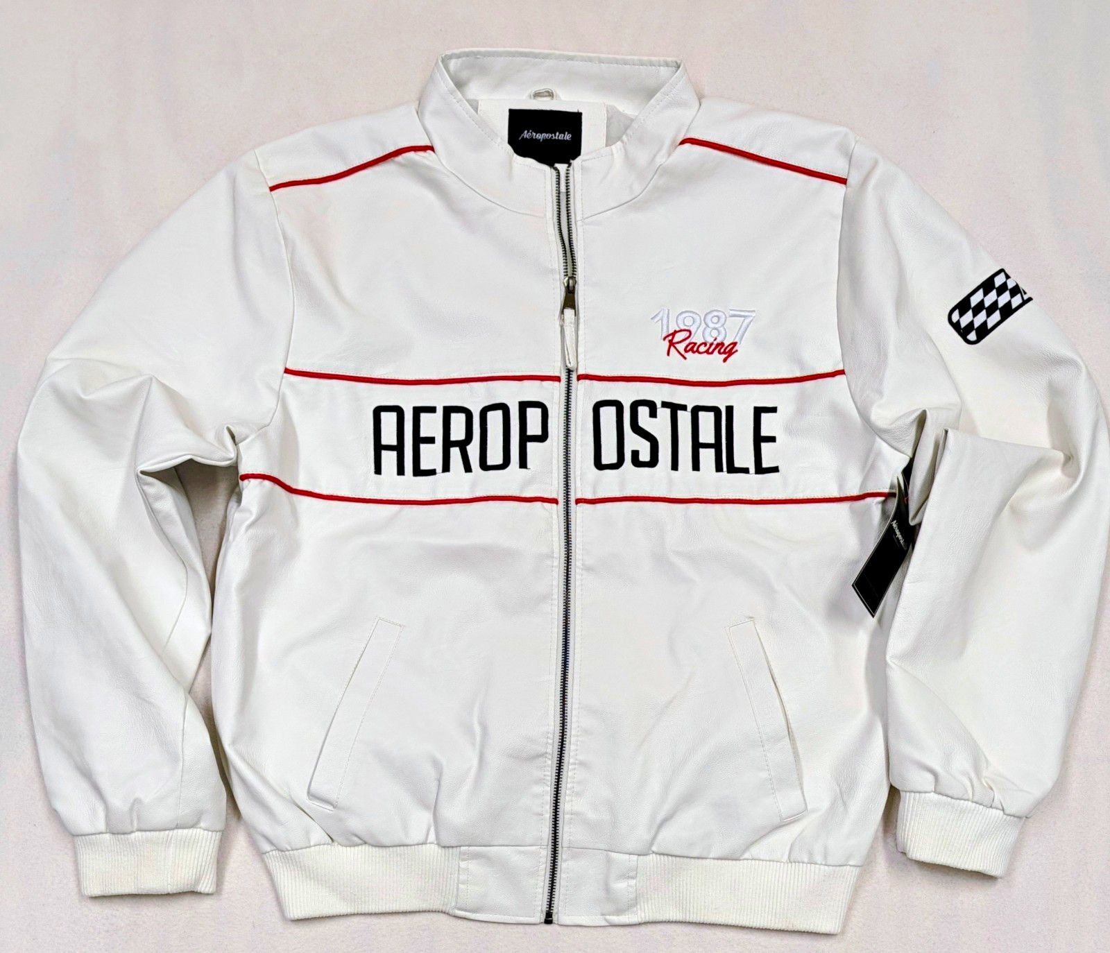 Aéropostale Men\'s Leather Racing Full Zip Stand-Up Jacket Logo L NWT