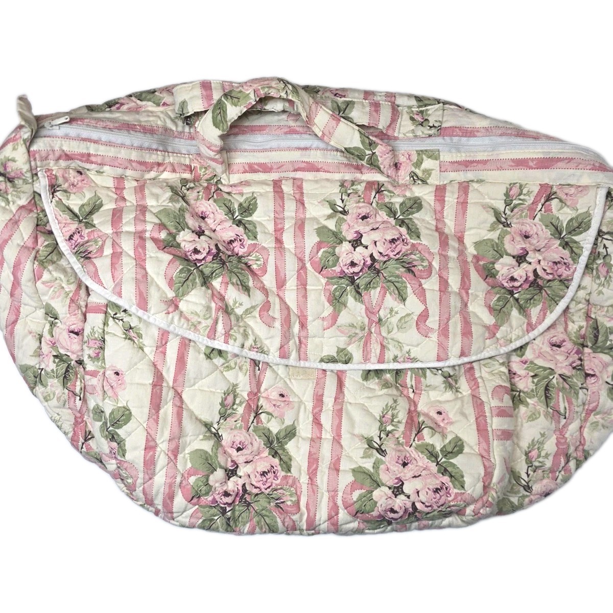 ​Vintage Quilted Floral Duffle Bag Pink Rose Stripe Mid Century Travel Tote OOAK