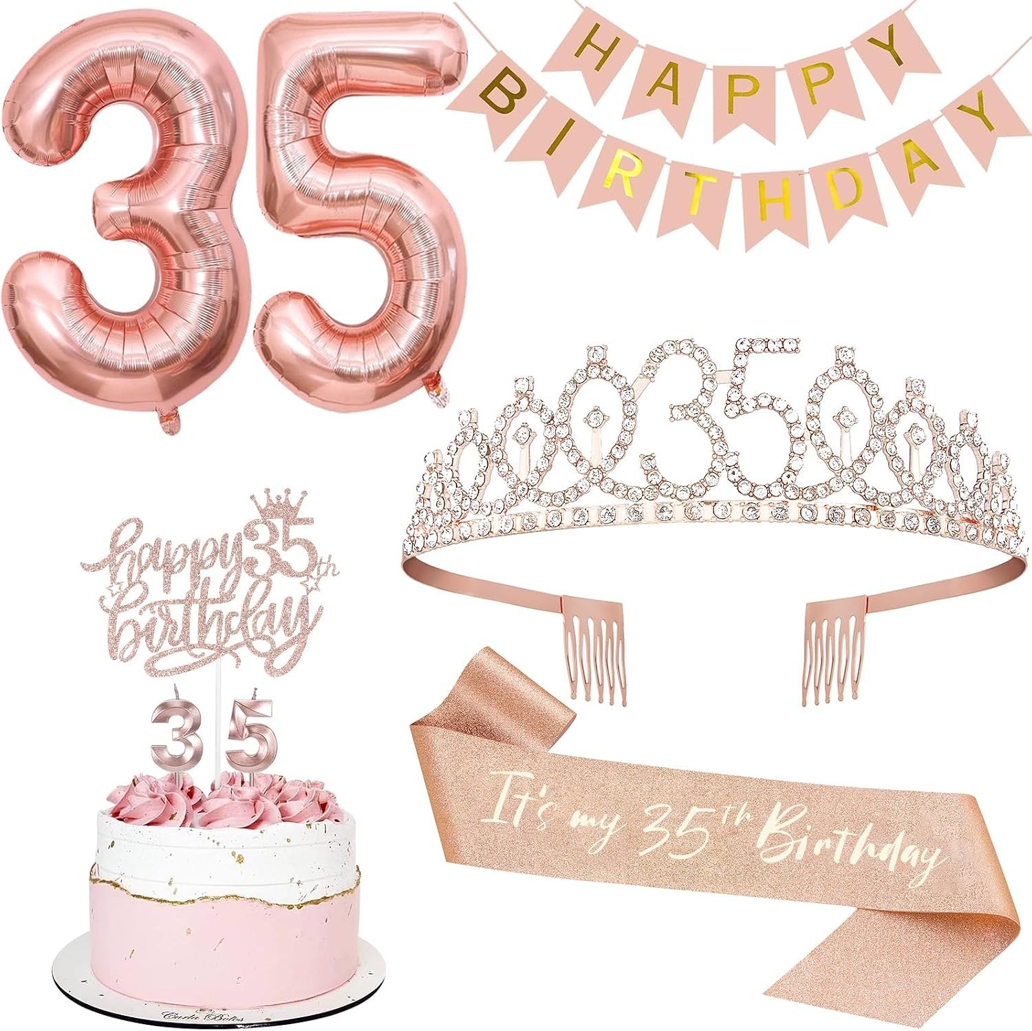35th Birthday Decorations for Women, Including 35th Tiara and Sash, Happy Bir...