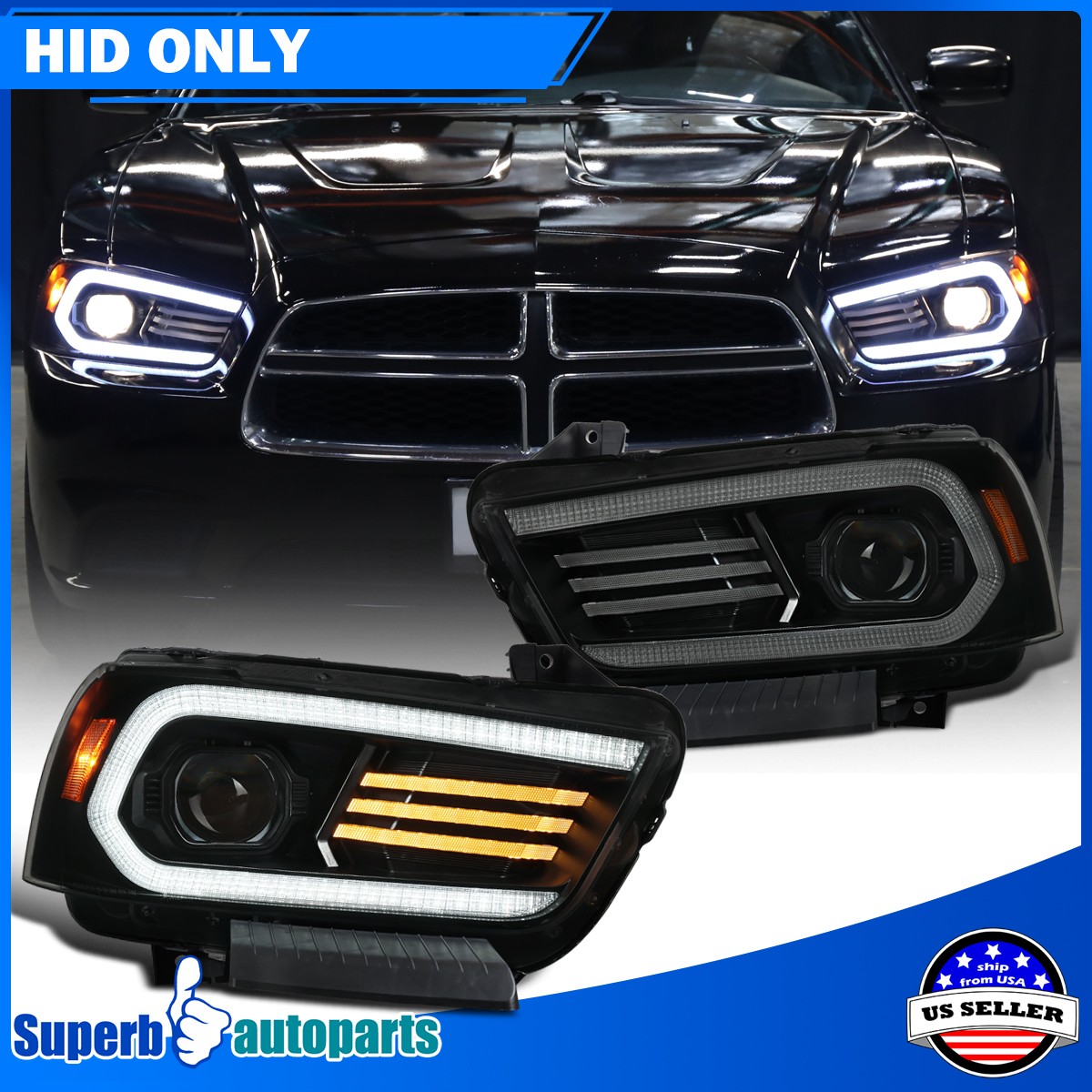 Smoke Projector Headlights For 2011-2014 Dodge Charger HID LED Sequential Signal