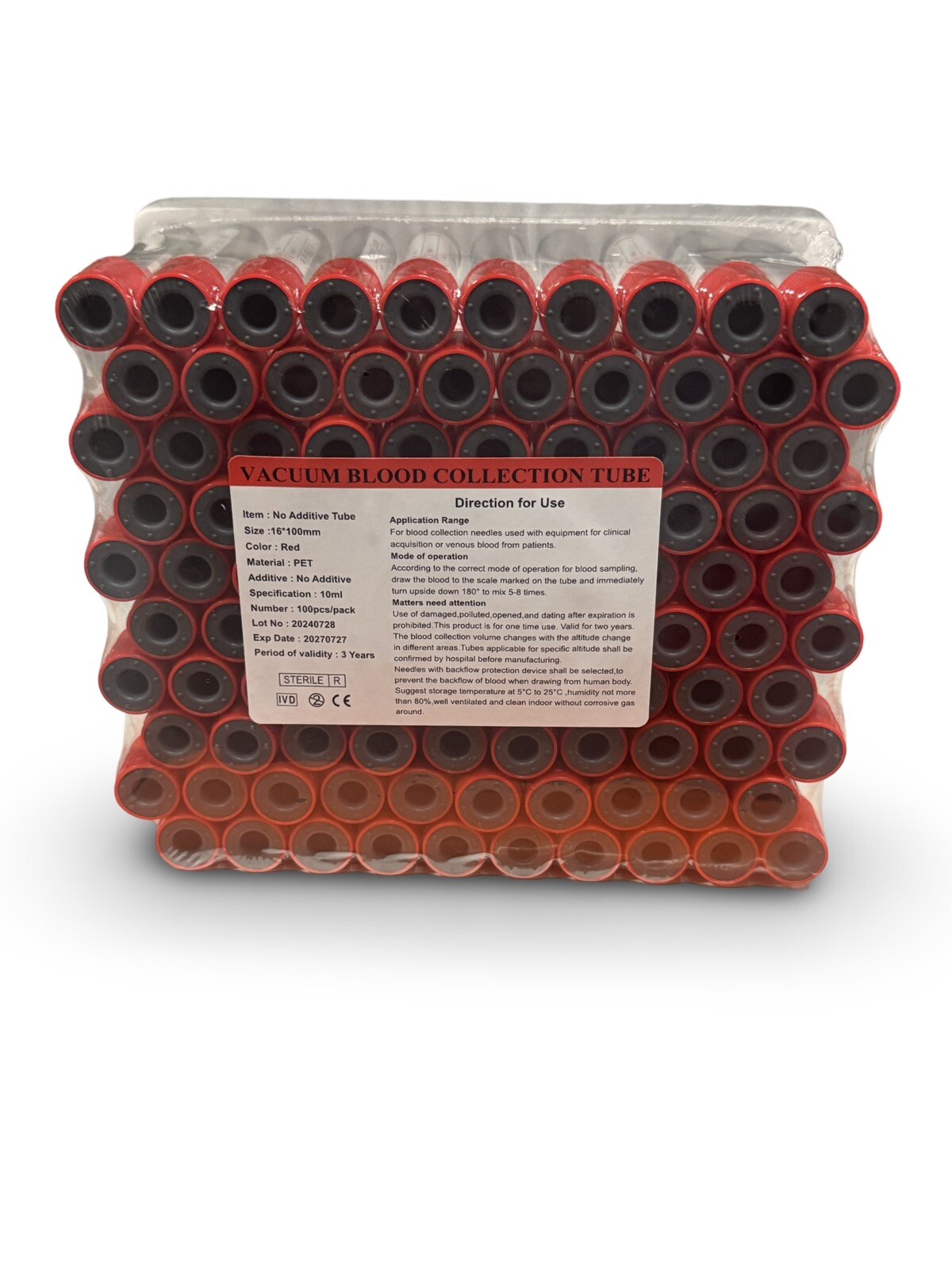 200PCS VACUUM BLOOD COLLECTION PLAIN TUBE NO ADDITIVE, 16X100MM,10ML ,EXP 2027