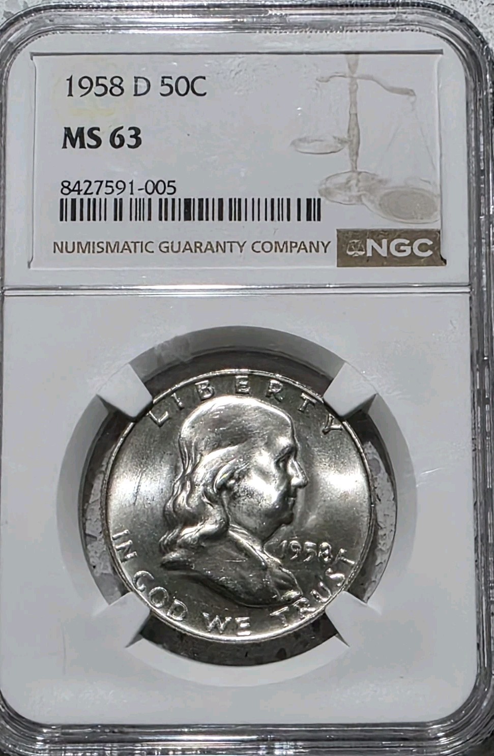 1958-D 50c Franklin Half Dollar NGC MS63 Silver US Mint 50c Coin Uncirculated 1958-D 50c Franklin Half Dollar NGC MS63 Silver US Mint 50c Coin Uncirculated