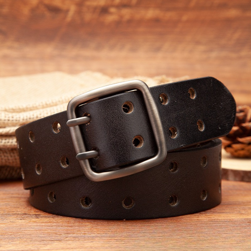 Men's Belt Retro Punk Style Cowhide Leather Double Hole Heavy Duty Width 3.7cm