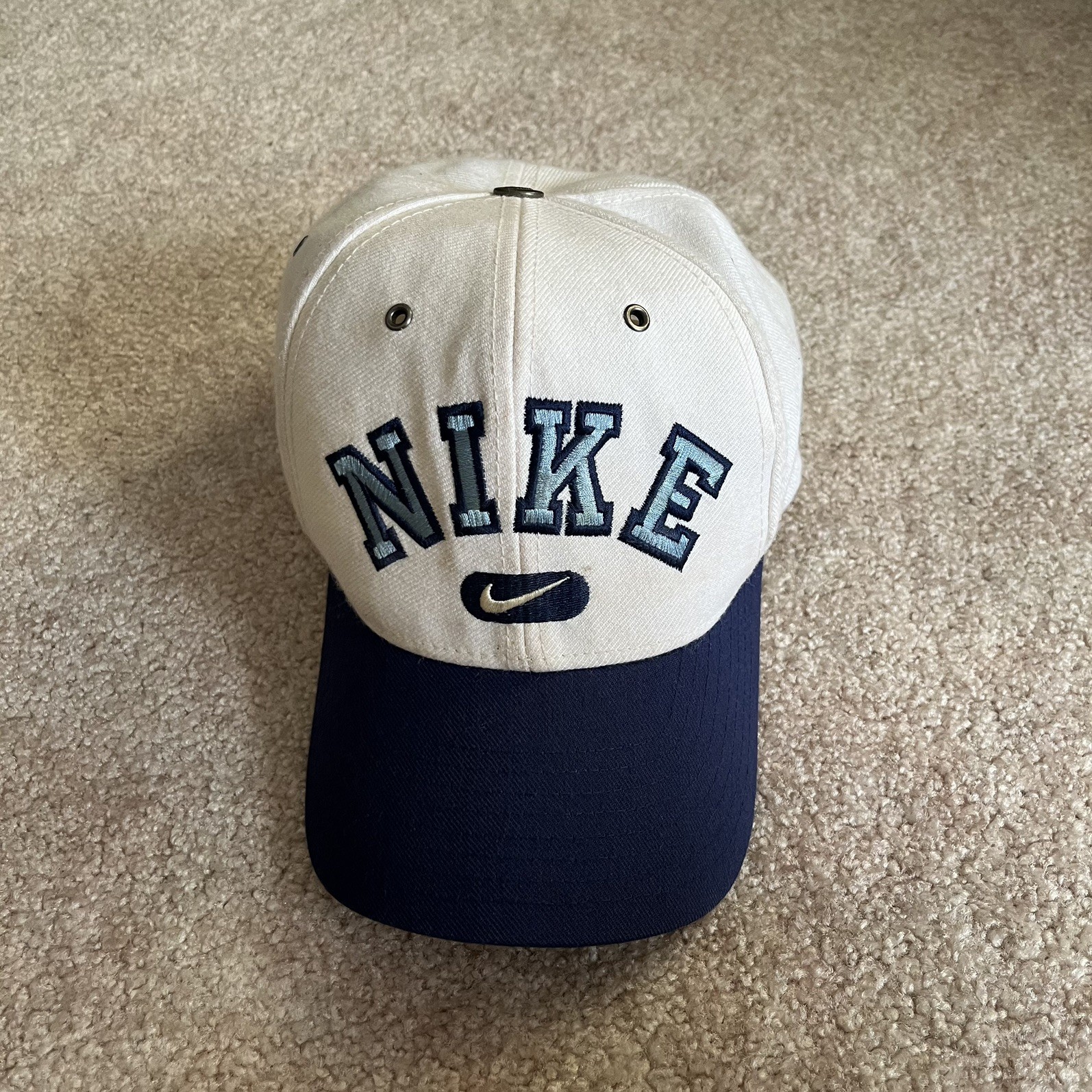 Vintage 90s Nike Arch Spell Out Snapback Hat Cap Blue Cream Center Swoosh Wool