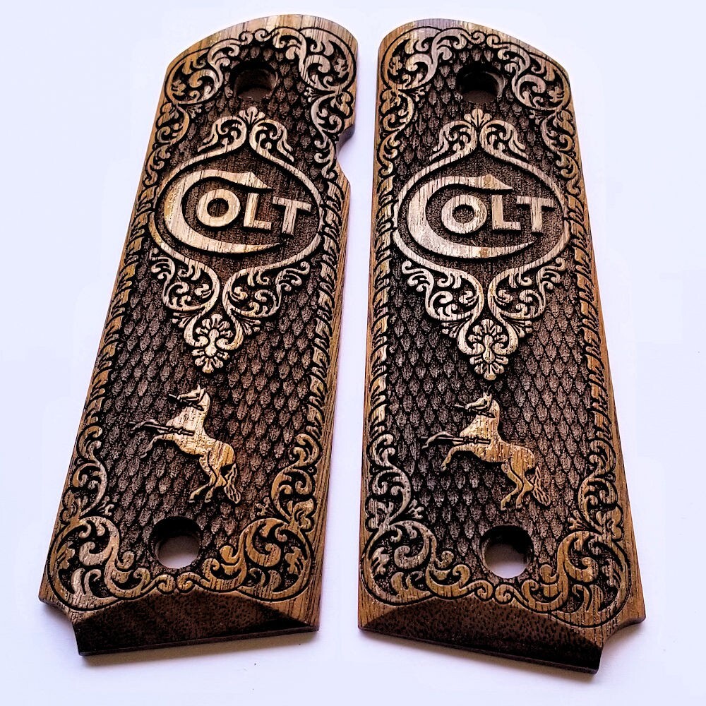 Colt 1911 custom 3D engraved walnut wood grips rampant horse logo Scroll